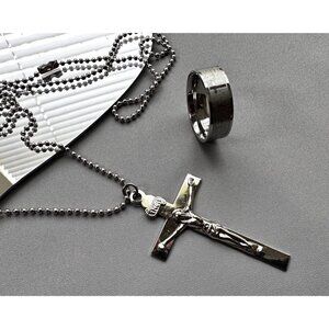 Cross Crucifix With Etched Edge INRI and  - stainless steel cross ring LUX - 10V